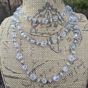 Vintage AB Aurora Borealis Glass 54 Inch Wired Necklace And Free Earrings Set